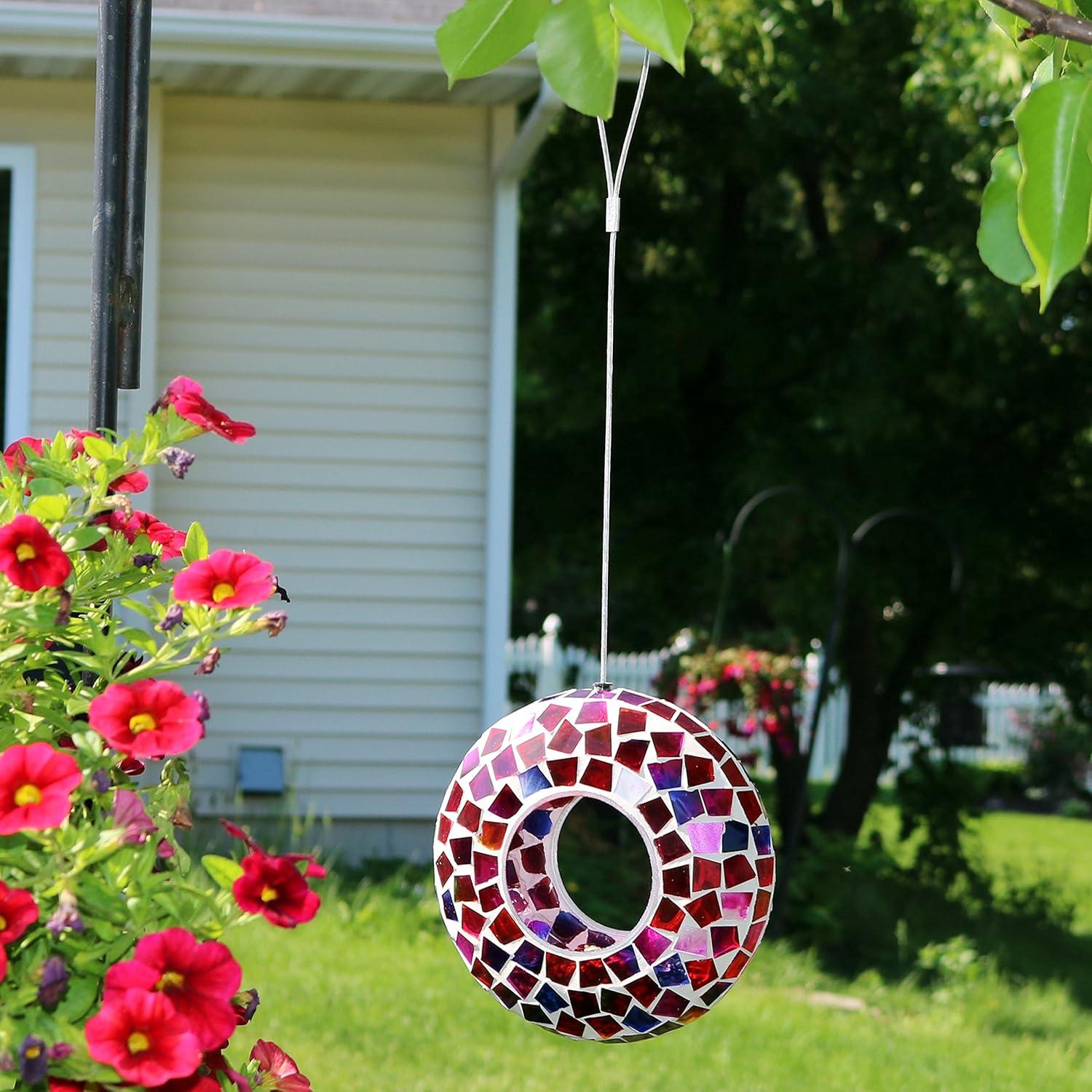 image:imageSunnydaze 6Inch Glass Mosaic Hanging Bird Feeder for Outdoors FlyThrough Wild Bird Feeder Confetti MosaicCrimson Mosaic