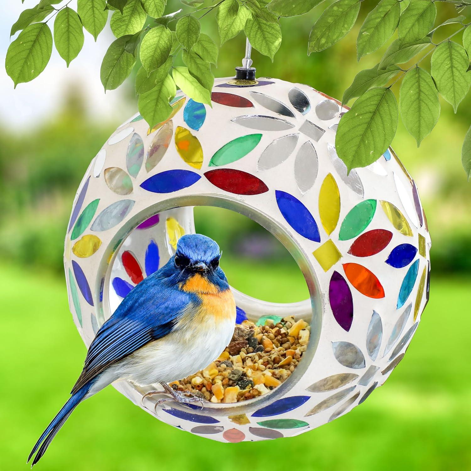 image:imageSunnydaze 6Inch Glass Mosaic Hanging Bird Feeder for Outdoors FlyThrough Wild Bird Feeder Confetti MosaicRainbow Daisies Mosaic