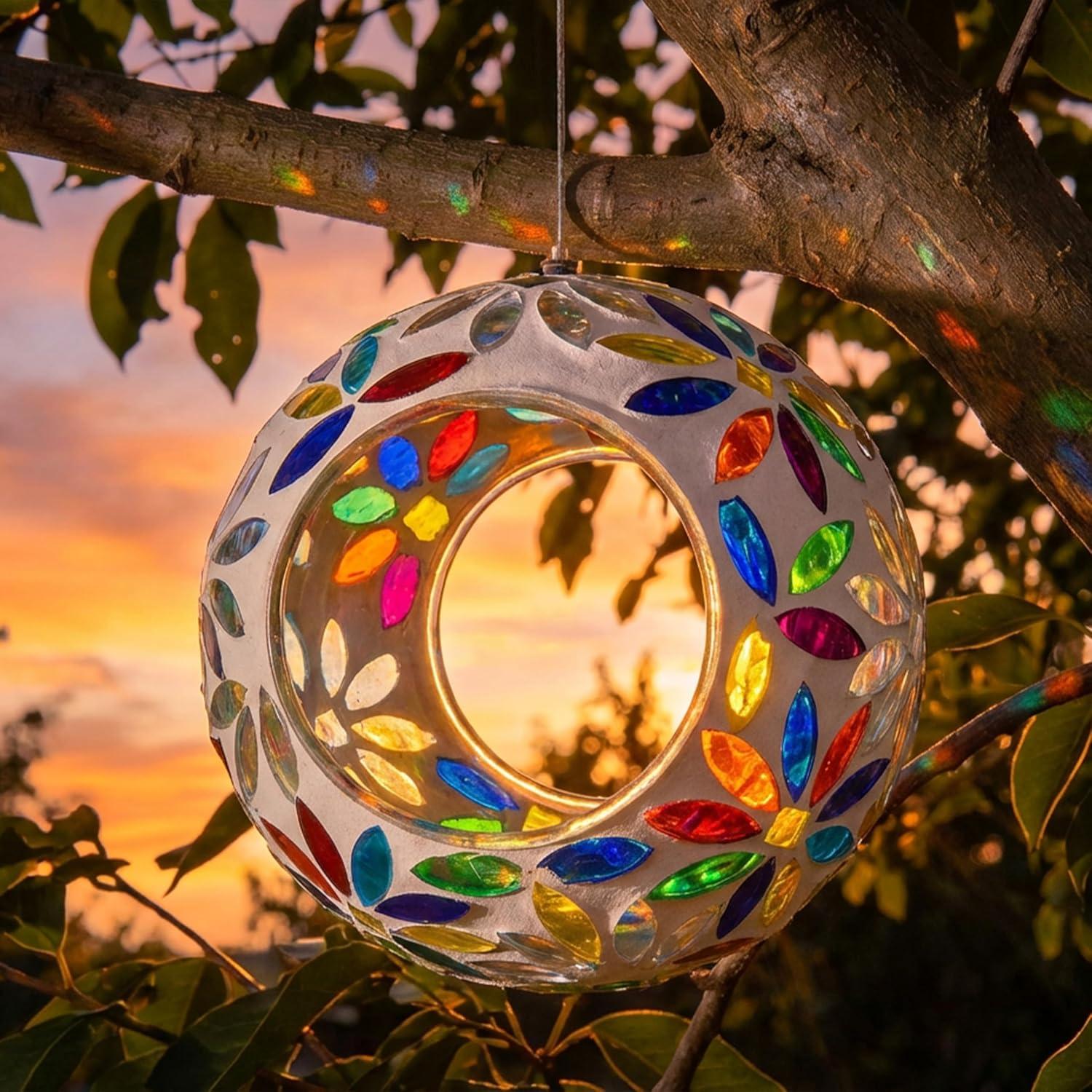 image:imageSunnydaze 6Inch Glass Mosaic Hanging Bird Feeder for Outdoors FlyThrough Wild Bird Feeder Confetti MosaicRainbow Daisies Mosaic