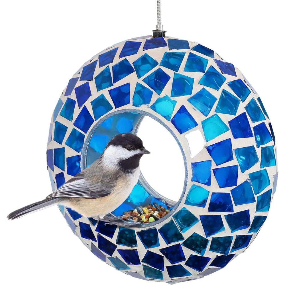 image:imageSunnydaze 6Inch Glass Mosaic Hanging Bird Feeder for Outdoors FlyThrough Wild Bird Feeder Confetti MosaicBlue Mosaic