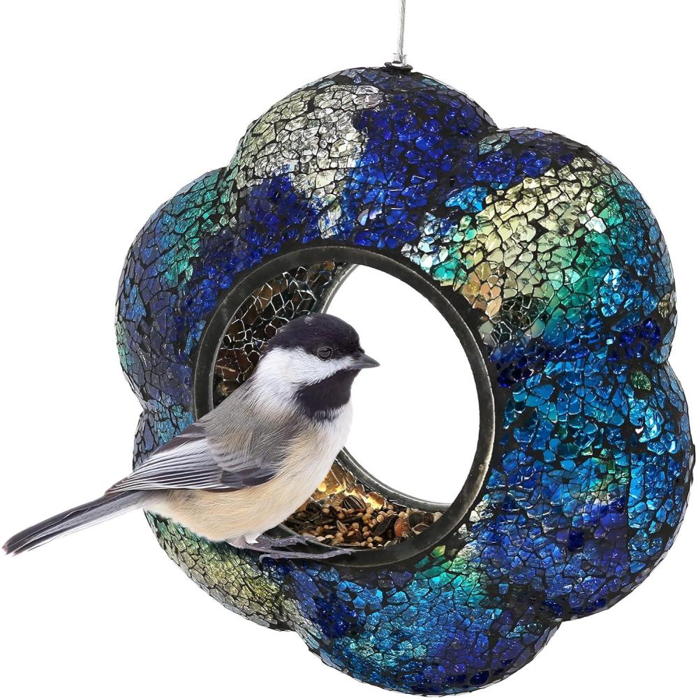 image:imageSunnydaze 6Inch Glass Mosaic Hanging Bird Feeder for Outdoors  FlyThrough Wild Bird Feeder  Confetti MosaicIndigo Flower Mosaic