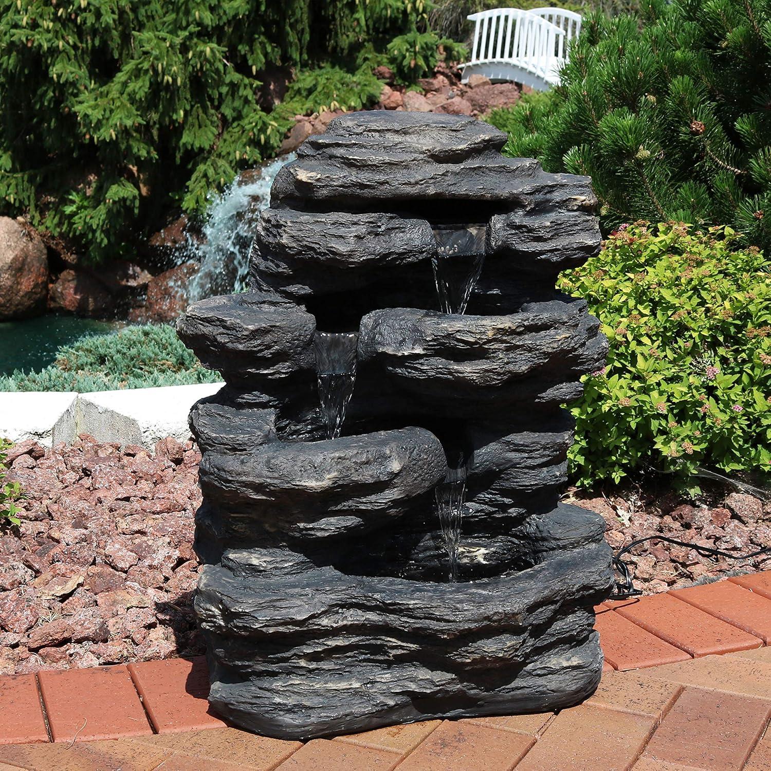 image:imageSunnydaze Rock Falls 24Inch Resin Outdoor Water Fountain with LED Lights