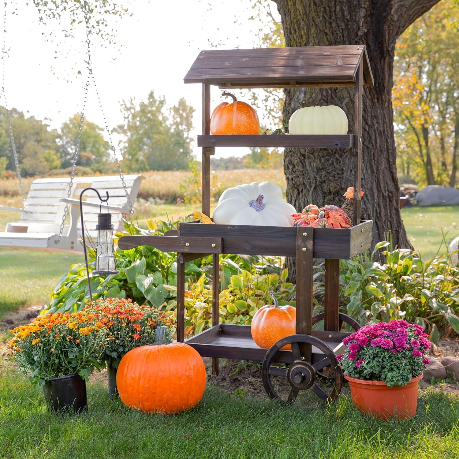 image:imageSunnydaze Country Market Flower Cart Display Stand with Wheels 2 Shelves Fir Wood 30 lb Weight Capacity Natural FirCharred Fir
