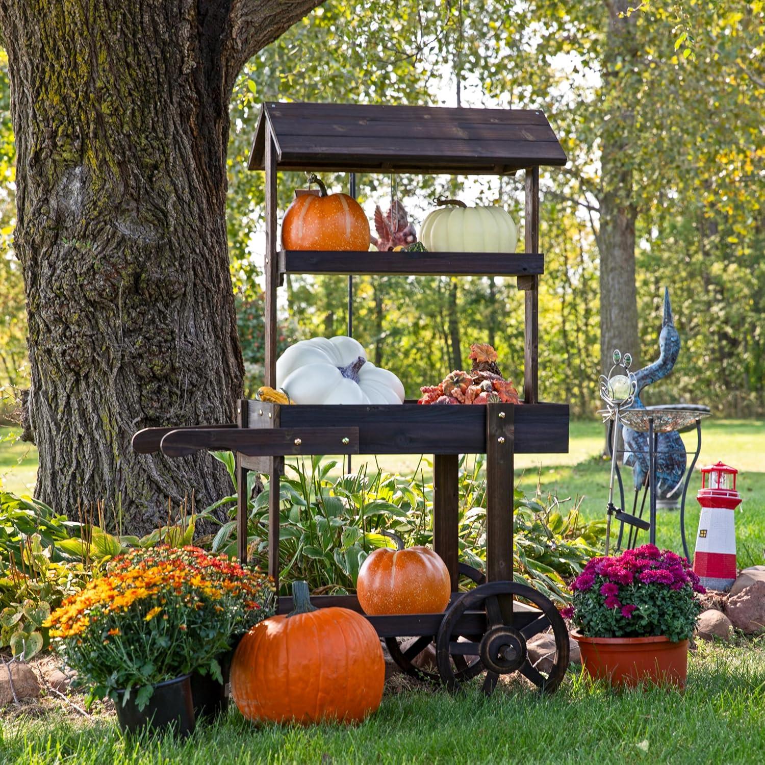 image:imageSunnydaze Country Market Flower Cart Display Stand with Wheels 2 Shelves Fir Wood 30 lb Weight Capacity Natural FirCharred Fir