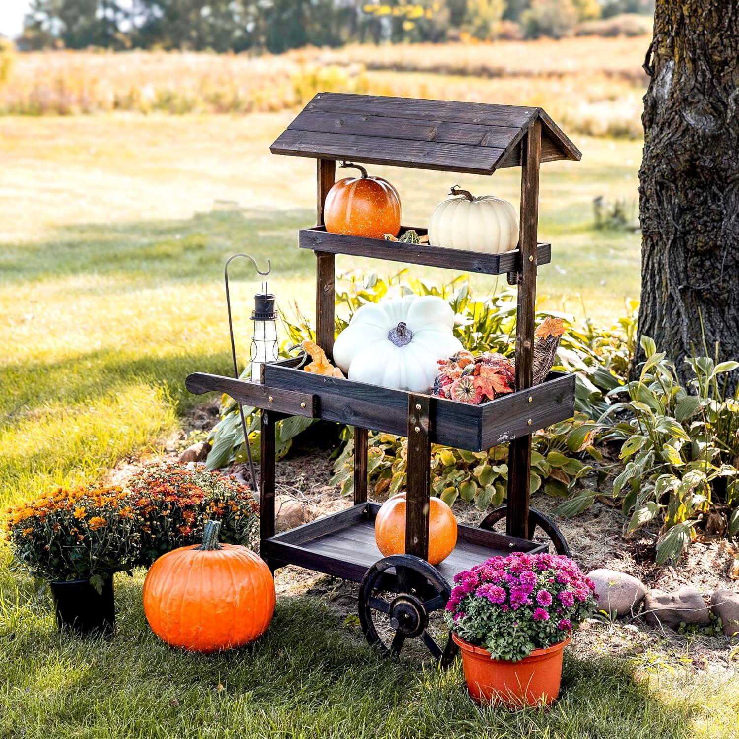 image:imageSunnydaze Country Market Flower Cart Display Stand with Wheels 2 Shelves Fir Wood 30 lb Weight Capacity Natural FirCharred Fir