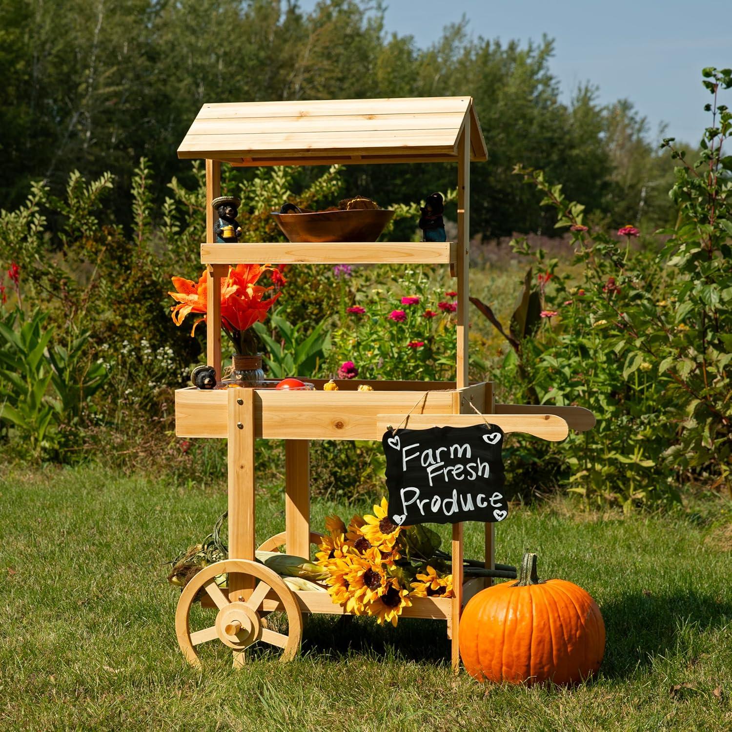 image:imageSunnydaze Country Market Flower Cart Display Stand with Wheels 2 Shelves Fir Wood 30 lb Weight Capacity Natural FirNatural Fir