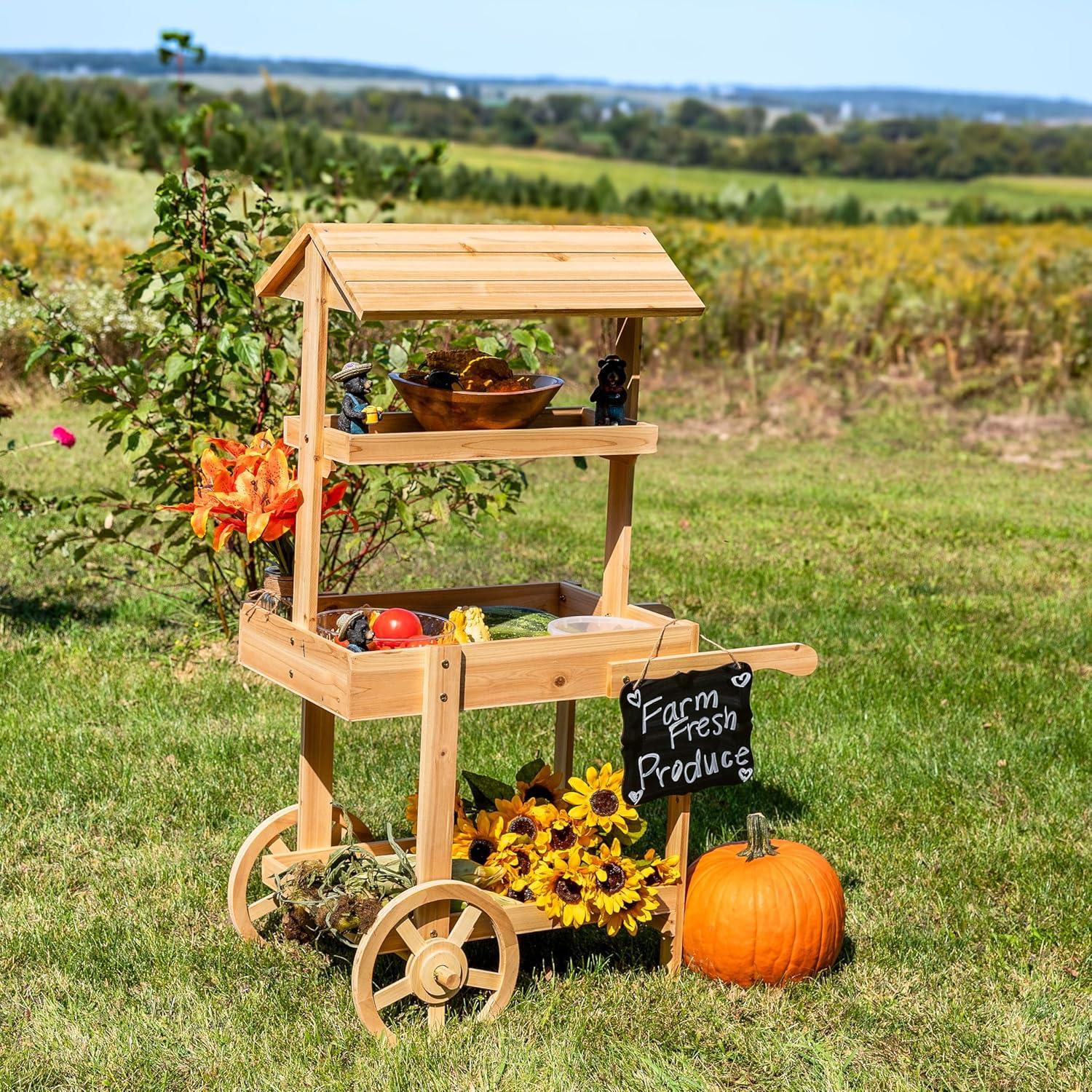 image:imageSunnydaze Country Market Flower Cart Display Stand with Wheels 2 Shelves Fir Wood 30 lb Weight Capacity Natural FirNatural Fir