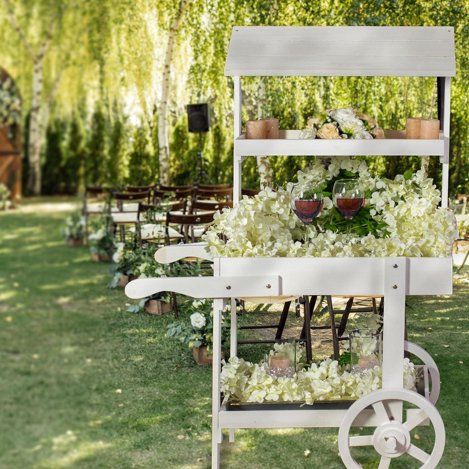 image:imageSunnydaze Country Market Flower Cart Display Stand with Wheels 2 Shelves Fir Wood 30 lb Weight Capacity Natural FirWhite