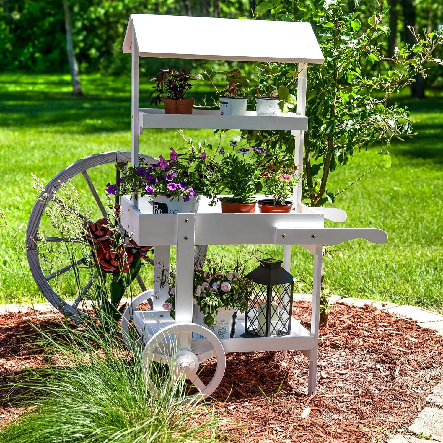 image:imageSunnydaze Country Market Flower Cart Display Stand with Wheels 2 Shelves Fir Wood 30 lb Weight Capacity Natural FirWhite