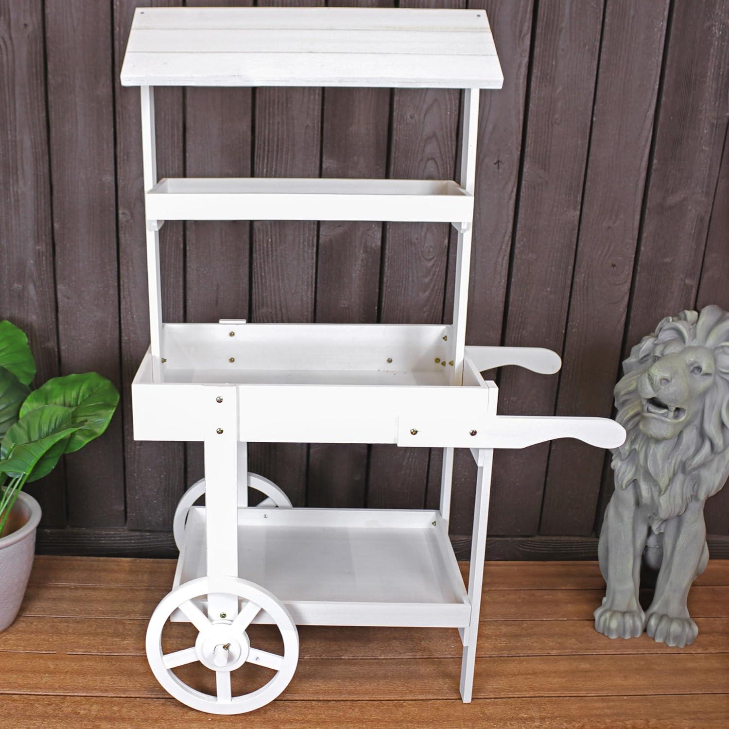image:imageSunnydaze Country Market Flower Cart Display Stand with Wheels 2 Shelves Fir Wood 30 lb Weight Capacity Natural FirWhite