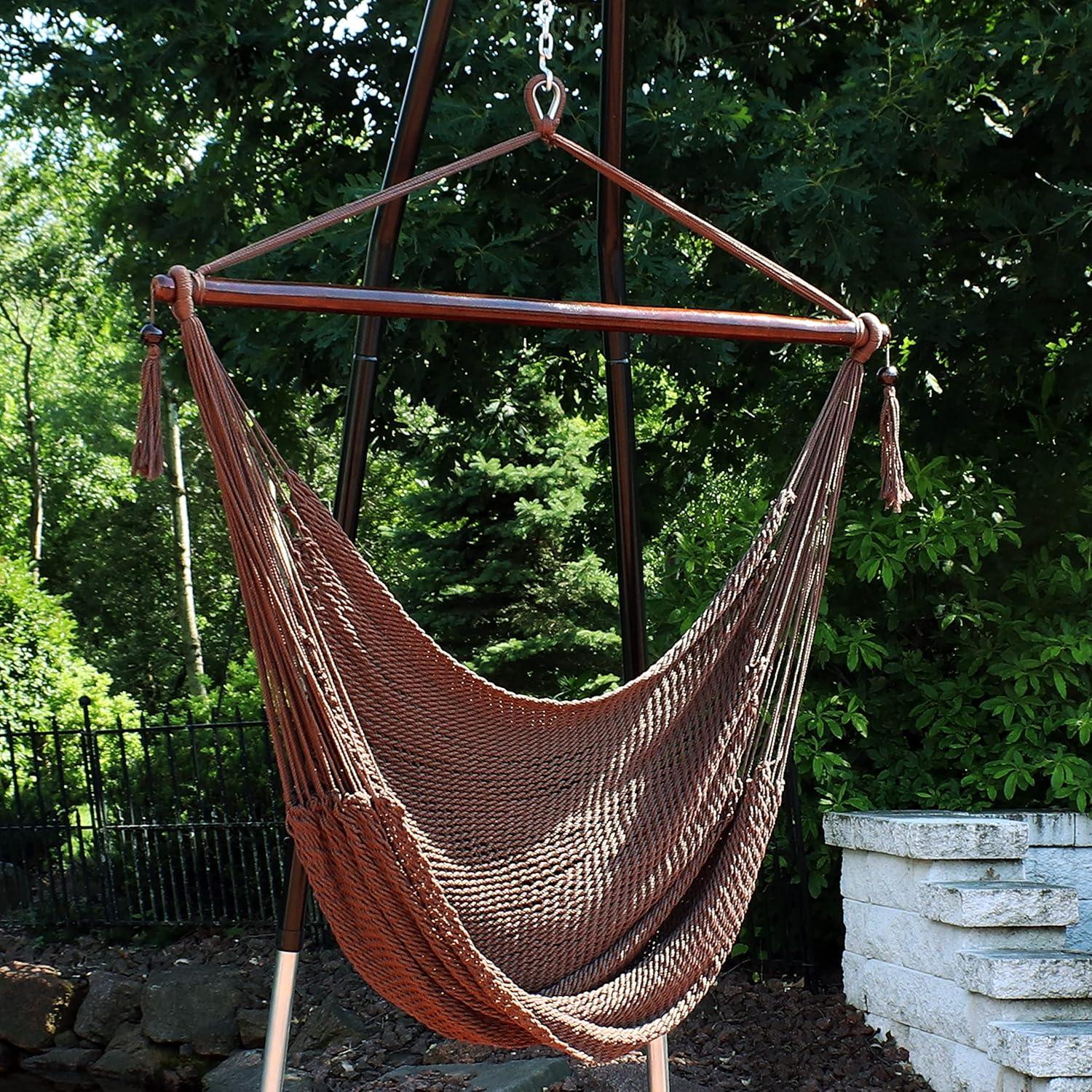 image:imageSunnydaze Outdoor Hammock Chair Swing Hanging Hammock Swing Hanging Reading Chair SoftSpun Polyester Rope Caribbean XL Jungle GreenMocha