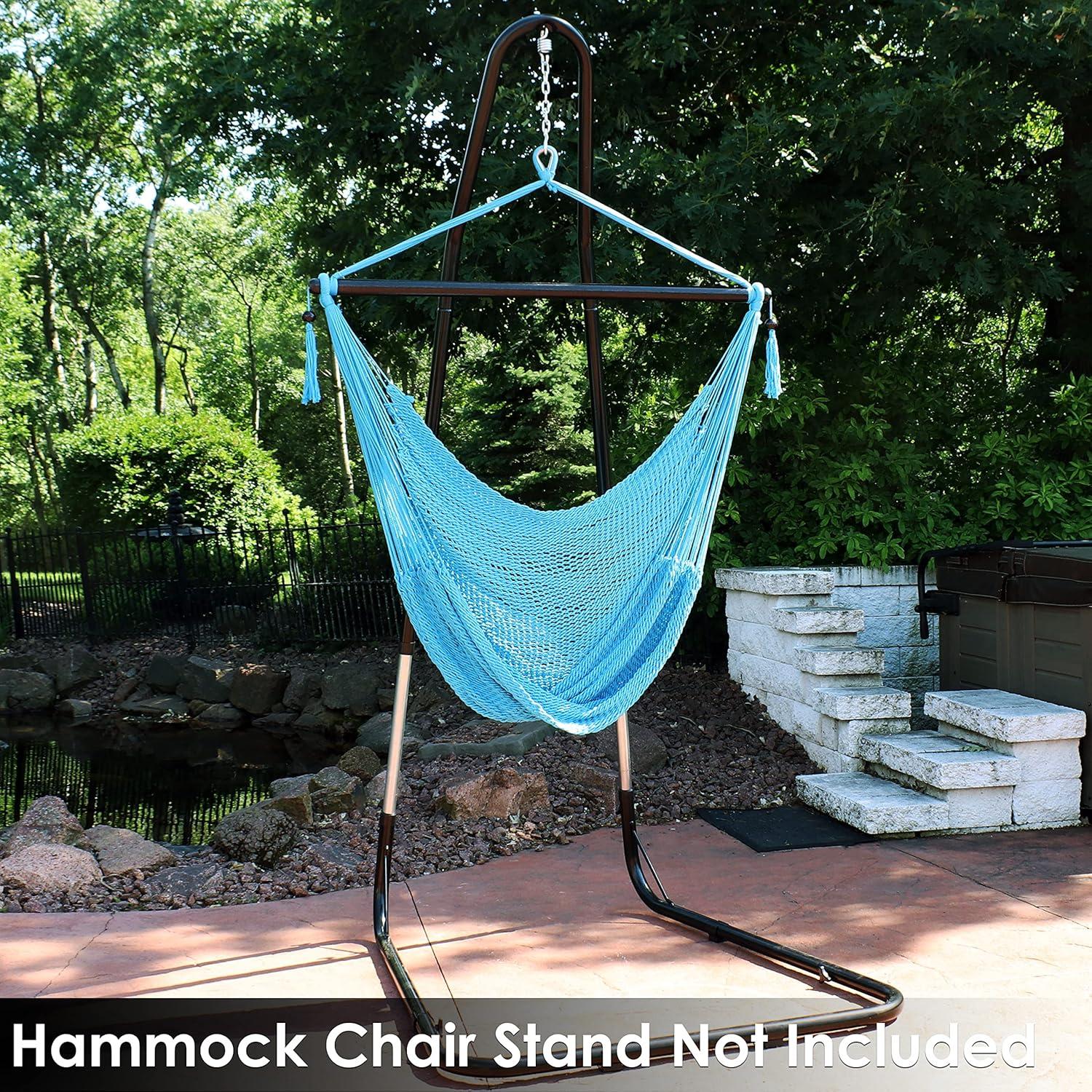 image:imageSunnydaze Outdoor Hammock Chair Swing Hanging Hammock Swing Hanging Reading Chair SoftSpun Polyester Rope Caribbean XL Jungle GreenSky Blue