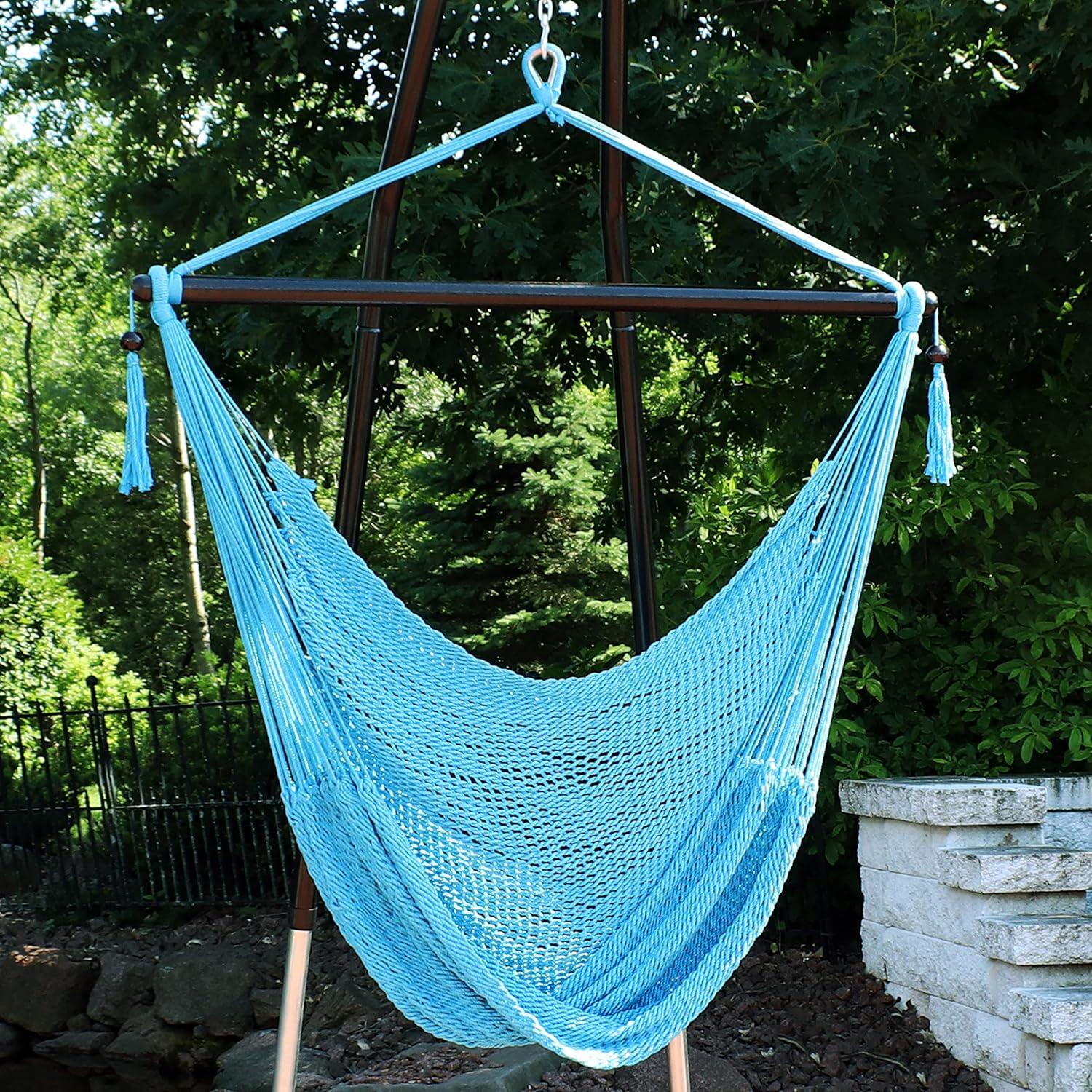 image:imageSunnydaze Outdoor Hammock Chair Swing Hanging Hammock Swing Hanging Reading Chair SoftSpun Polyester Rope Caribbean XL Jungle GreenSky Blue