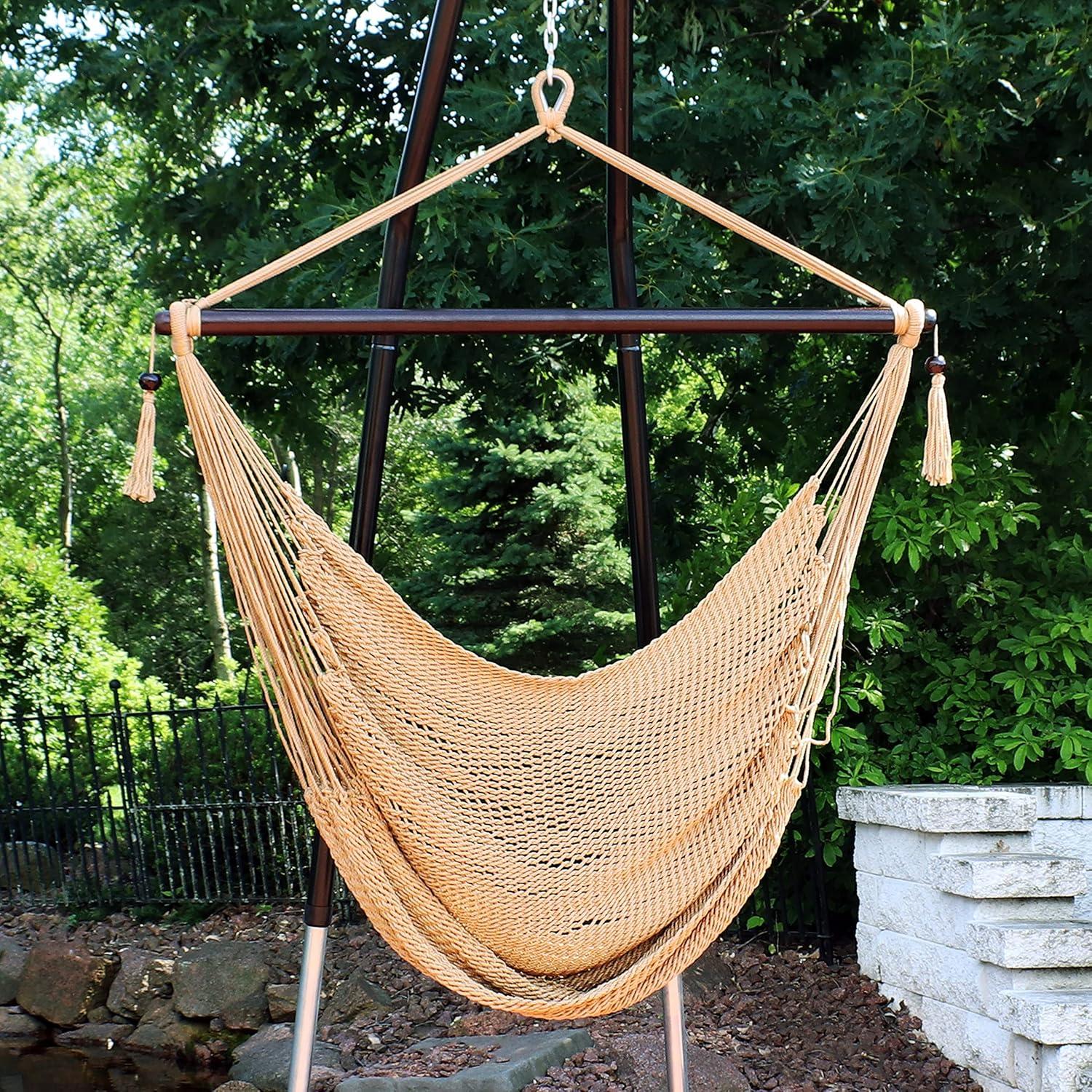 image:imageSunnydaze Outdoor Hammock Chair Swing Hanging Hammock Swing Hanging Reading Chair SoftSpun Polyester Rope Caribbean XL Jungle GreenTan