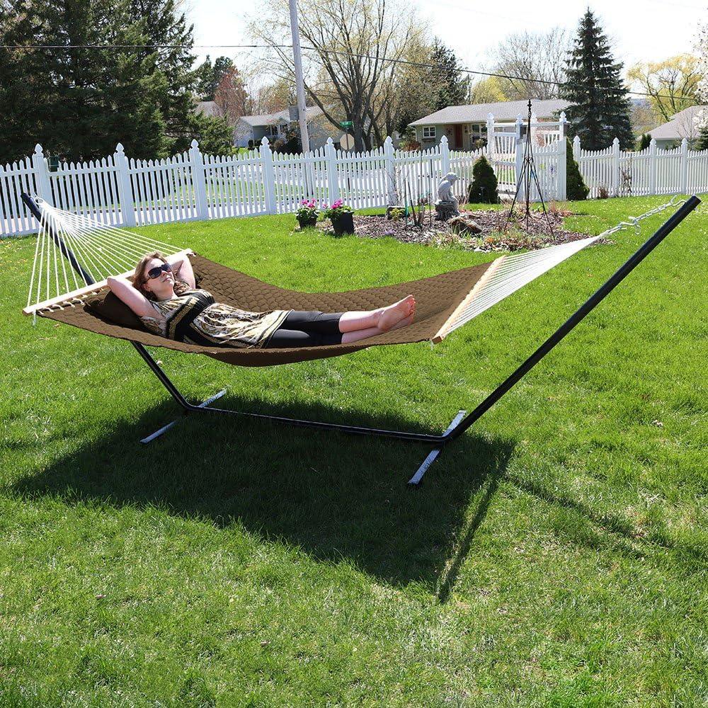 image:imageSunnydaze Quilted Fabric Double Hammock with 12Foot Stand 400Pound Capacity Black Stand RedBrown