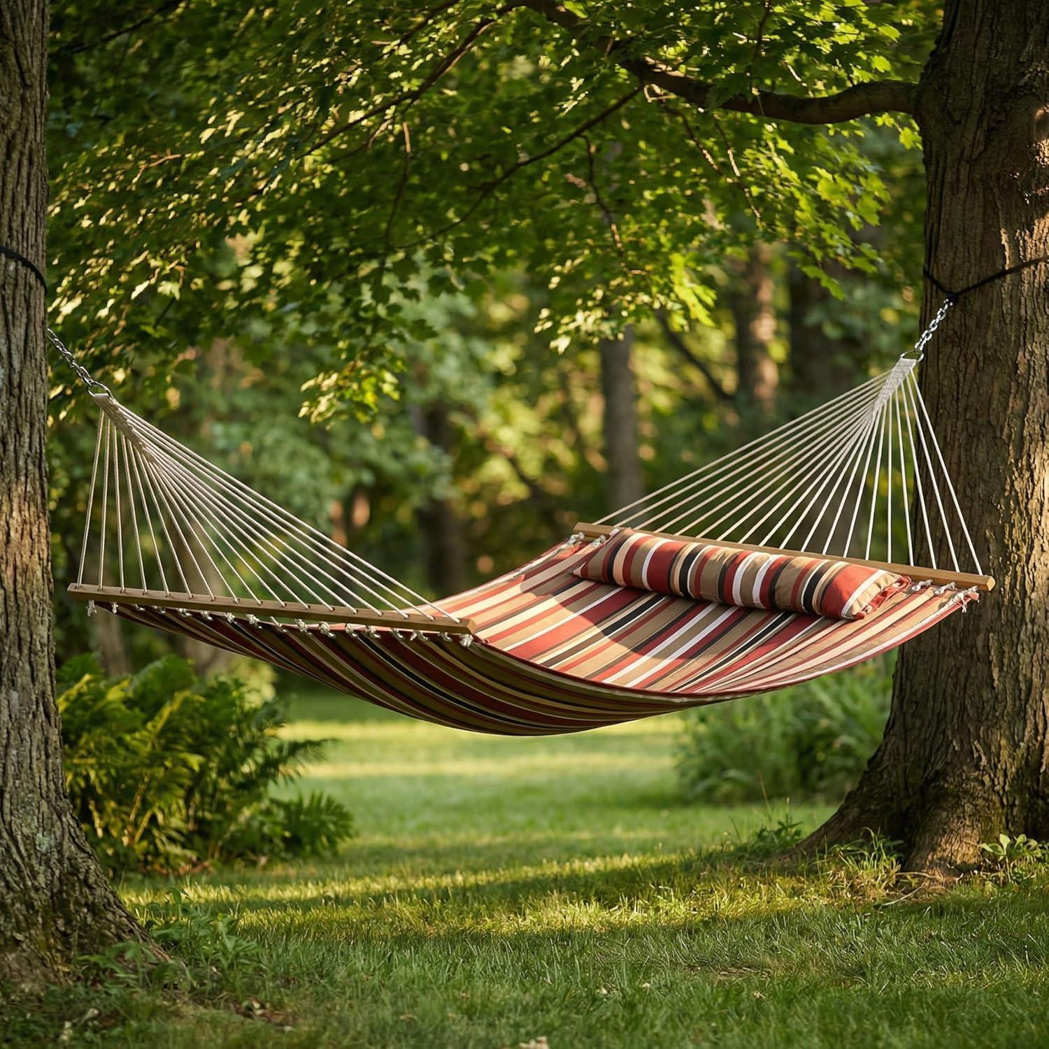 image:imageSunnydaze Quilted Outdoor Hammock with Spreader Bars HeavyDuty 450Pound Capacity Double Hammock for Outside Awning StripeAwning Stripe