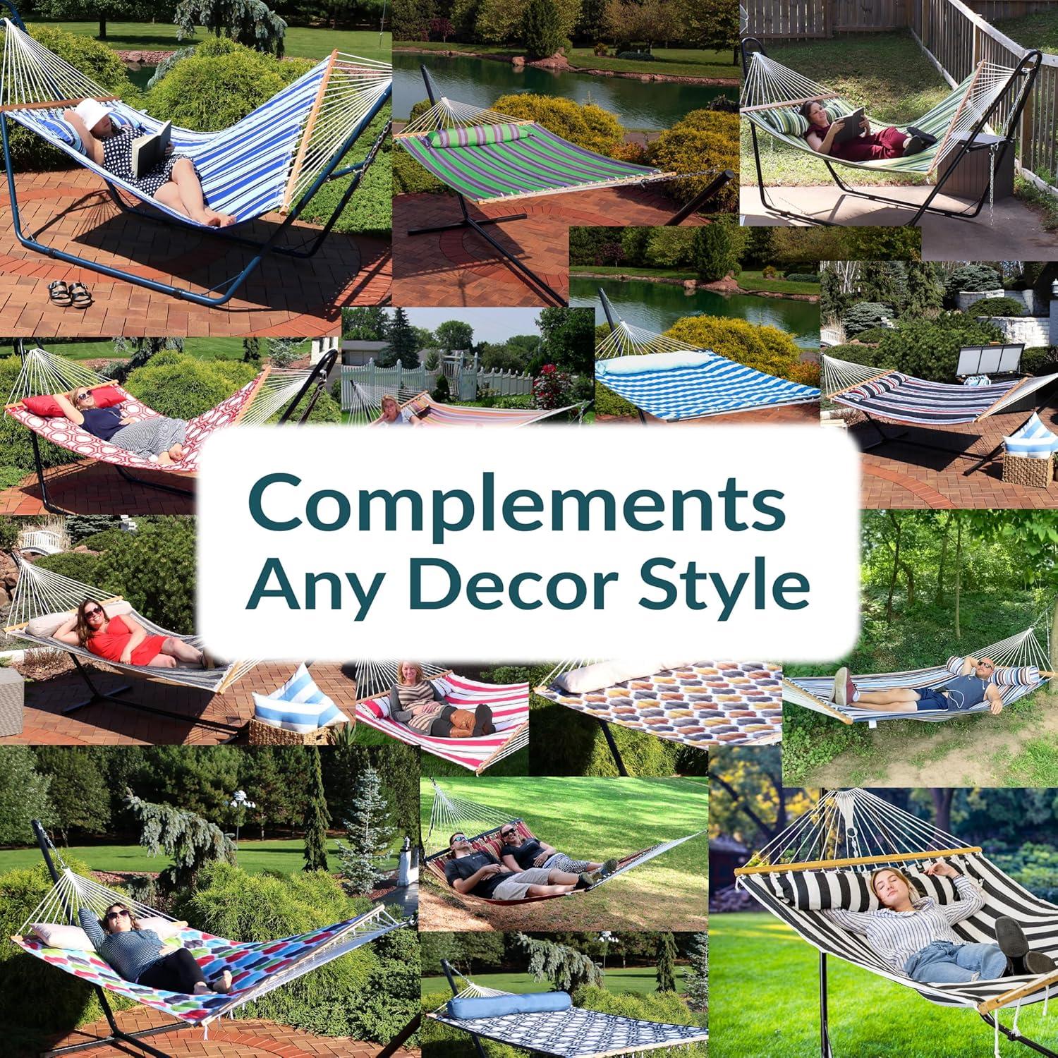 image:imageSunnydaze Quilted Outdoor Hammock with Spreader Bars HeavyDuty 450Pound Capacity Double Hammock for Outside Awning StripeBlack White