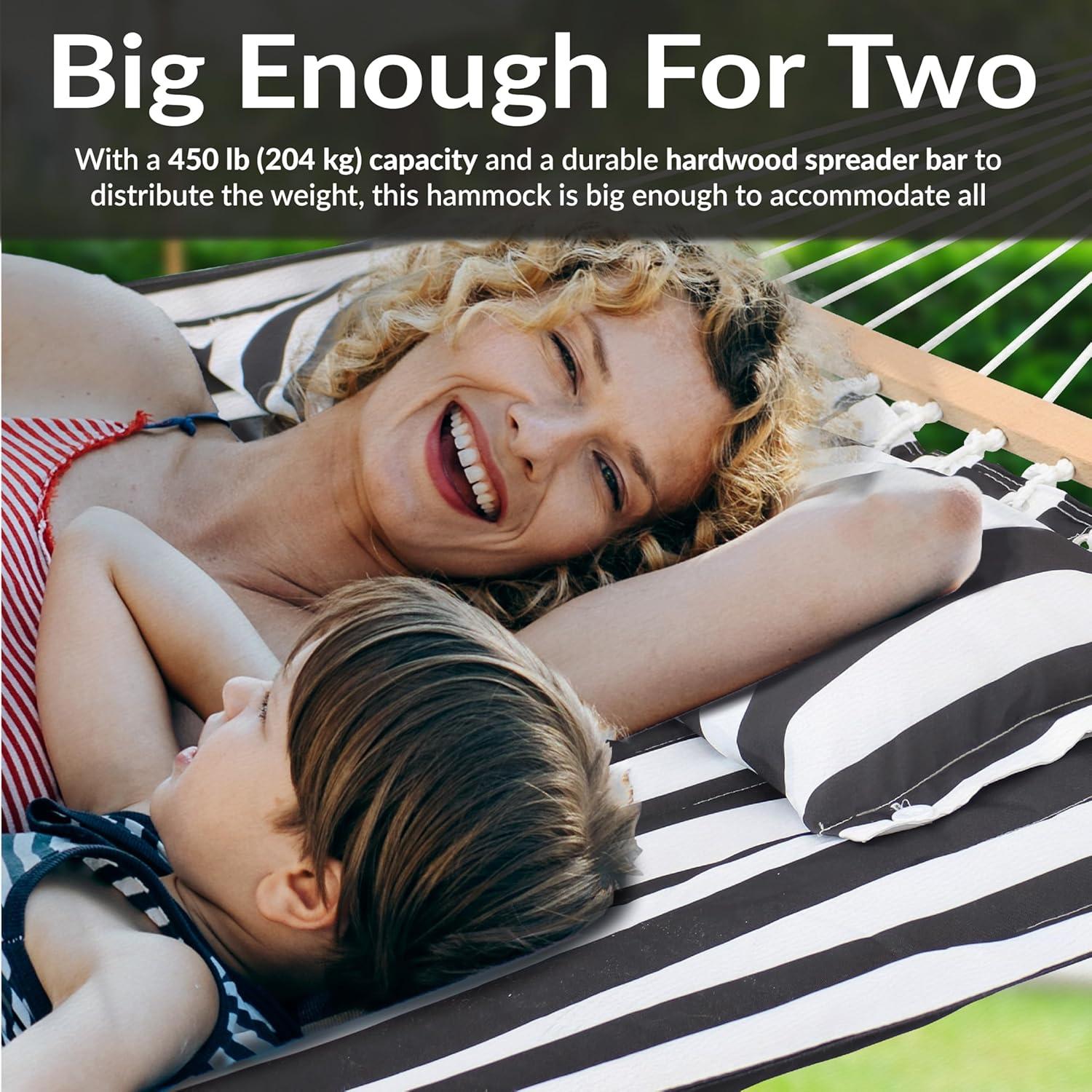 image:imageSunnydaze Quilted Outdoor Hammock with Spreader Bars HeavyDuty 450Pound Capacity Double Hammock for Outside Awning StripeBlack White