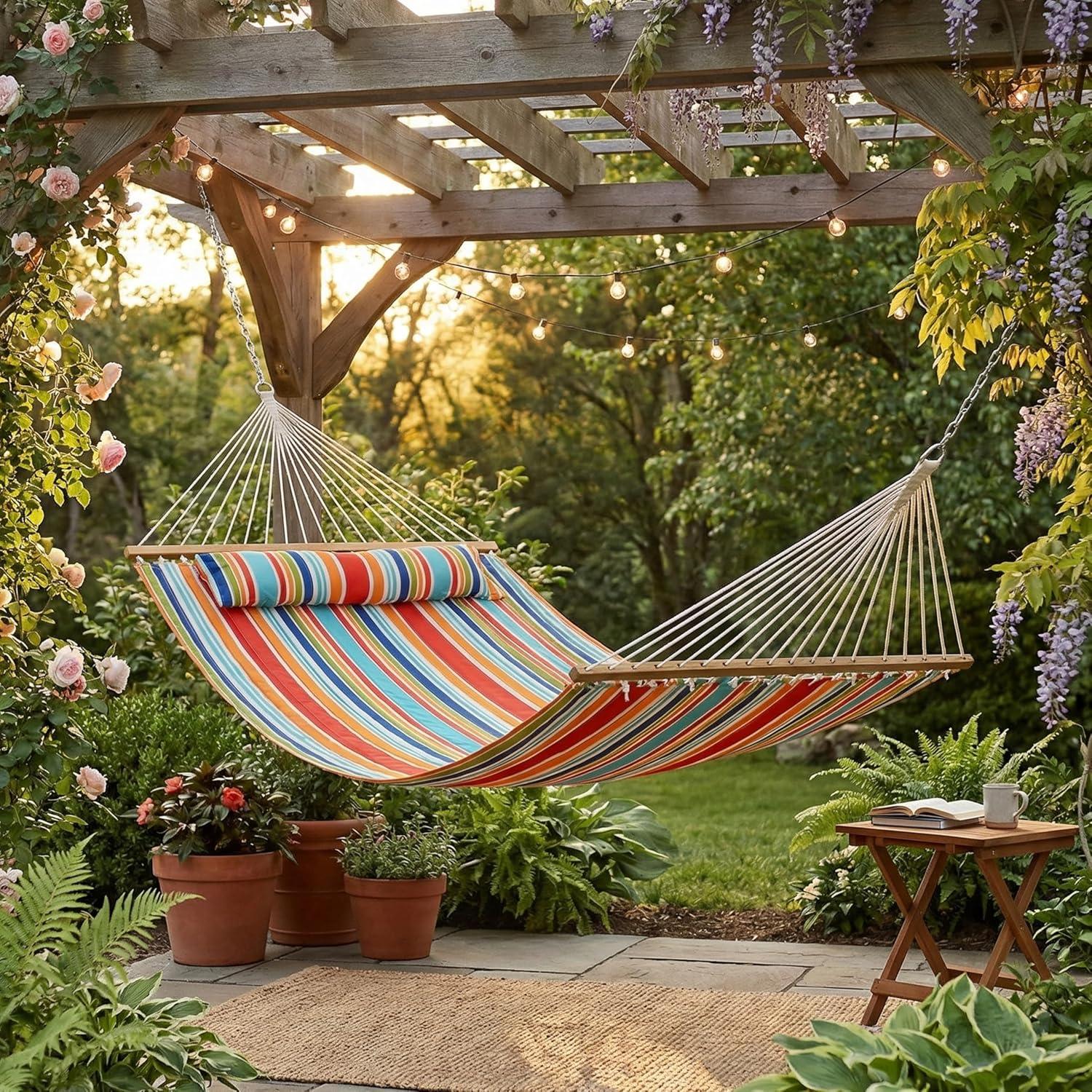 image:imageSunnydaze Quilted Outdoor Hammock with Spreader Bars HeavyDuty 450Pound Capacity Double Hammock for Outside Awning StripeCaribbean Stripe