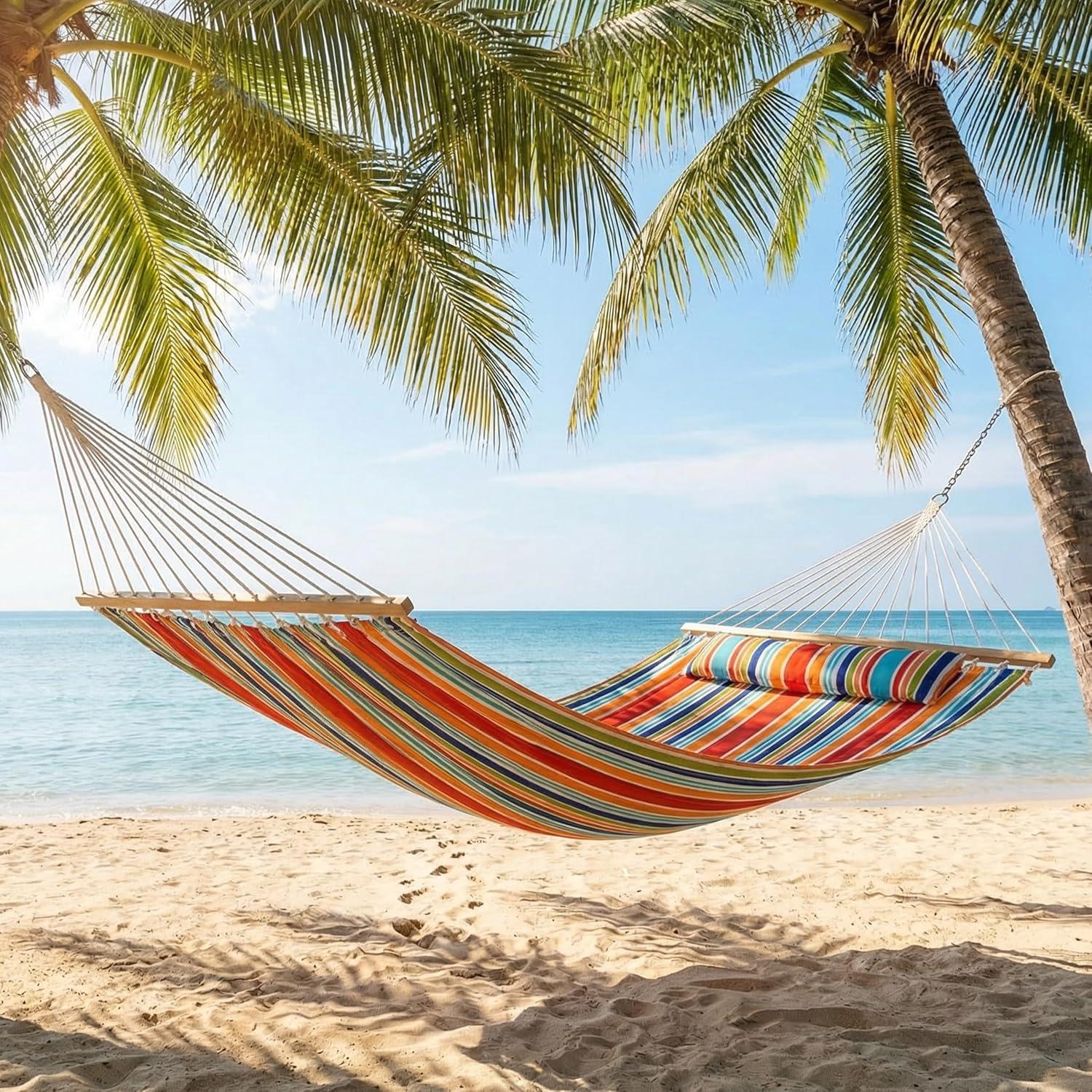 image:imageSunnydaze Quilted Outdoor Hammock with Spreader Bars HeavyDuty 450Pound Capacity Double Hammock for Outside Awning StripeCaribbean Stripe
