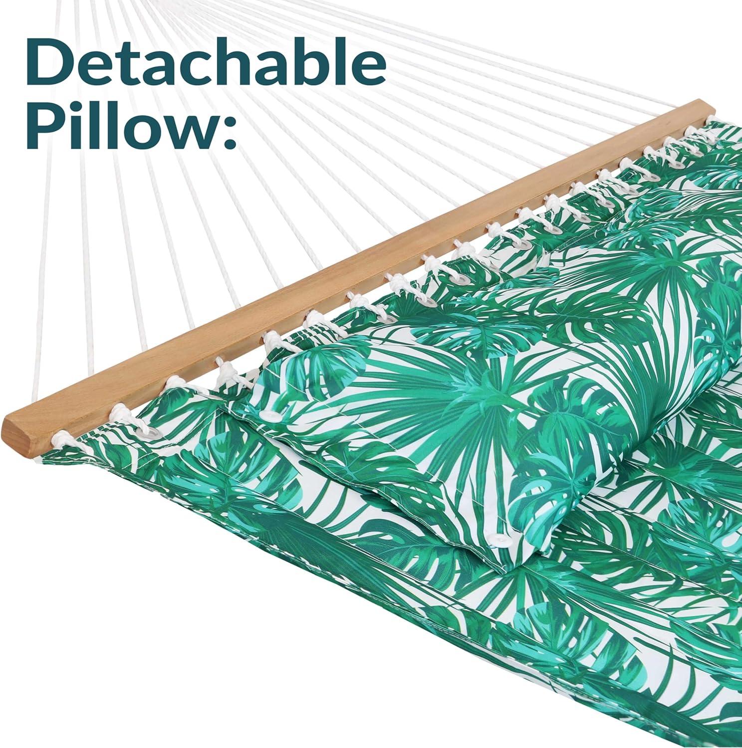 image:imageSunnydaze Quilted Outdoor Hammock with Spreader Bars HeavyDuty 450Pound Capacity Double Hammock for Outside Awning StripeGreen Palm Leaves