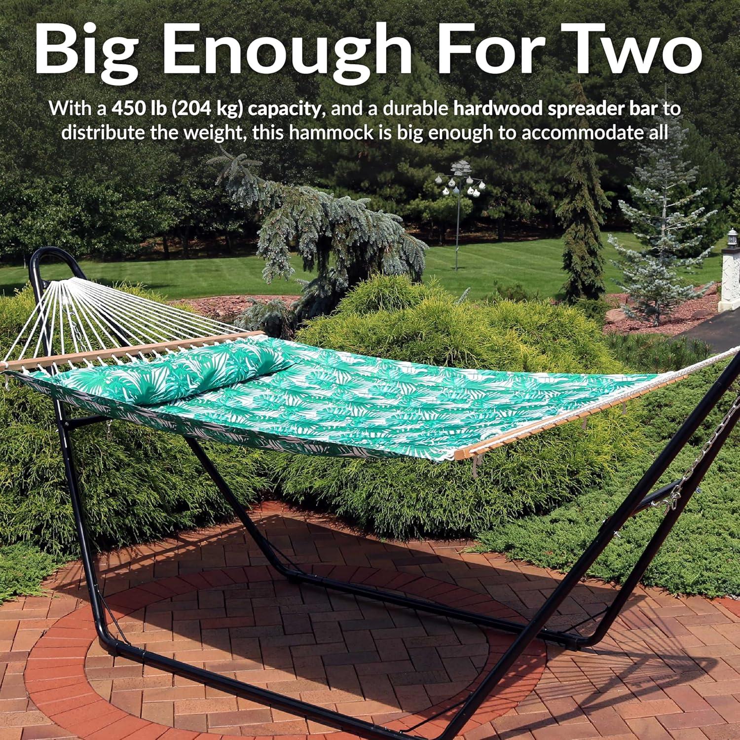image:imageSunnydaze Quilted Outdoor Hammock with Spreader Bars HeavyDuty 450Pound Capacity Double Hammock for Outside Awning StripeGreen Palm Leaves