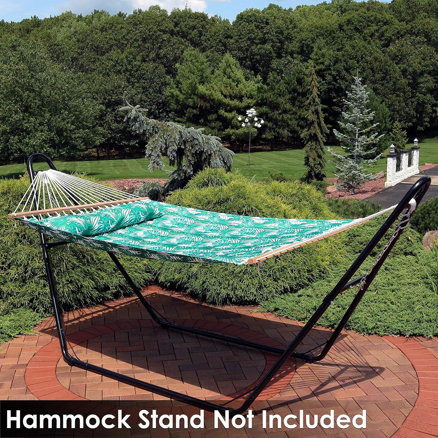 image:imageSunnydaze Quilted Outdoor Hammock with Spreader Bars HeavyDuty 450Pound Capacity Double Hammock for Outside Awning StripeGreen Palm Leaves