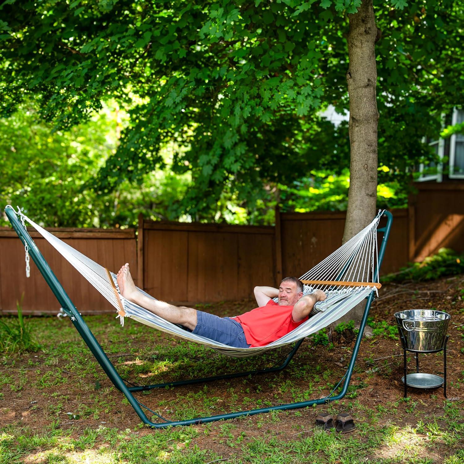image:imageSunnydaze Quilted Outdoor Hammock with Spreader Bars HeavyDuty 450Pound Capacity Double Hammock for Outside Awning StripeKhaki Stripe