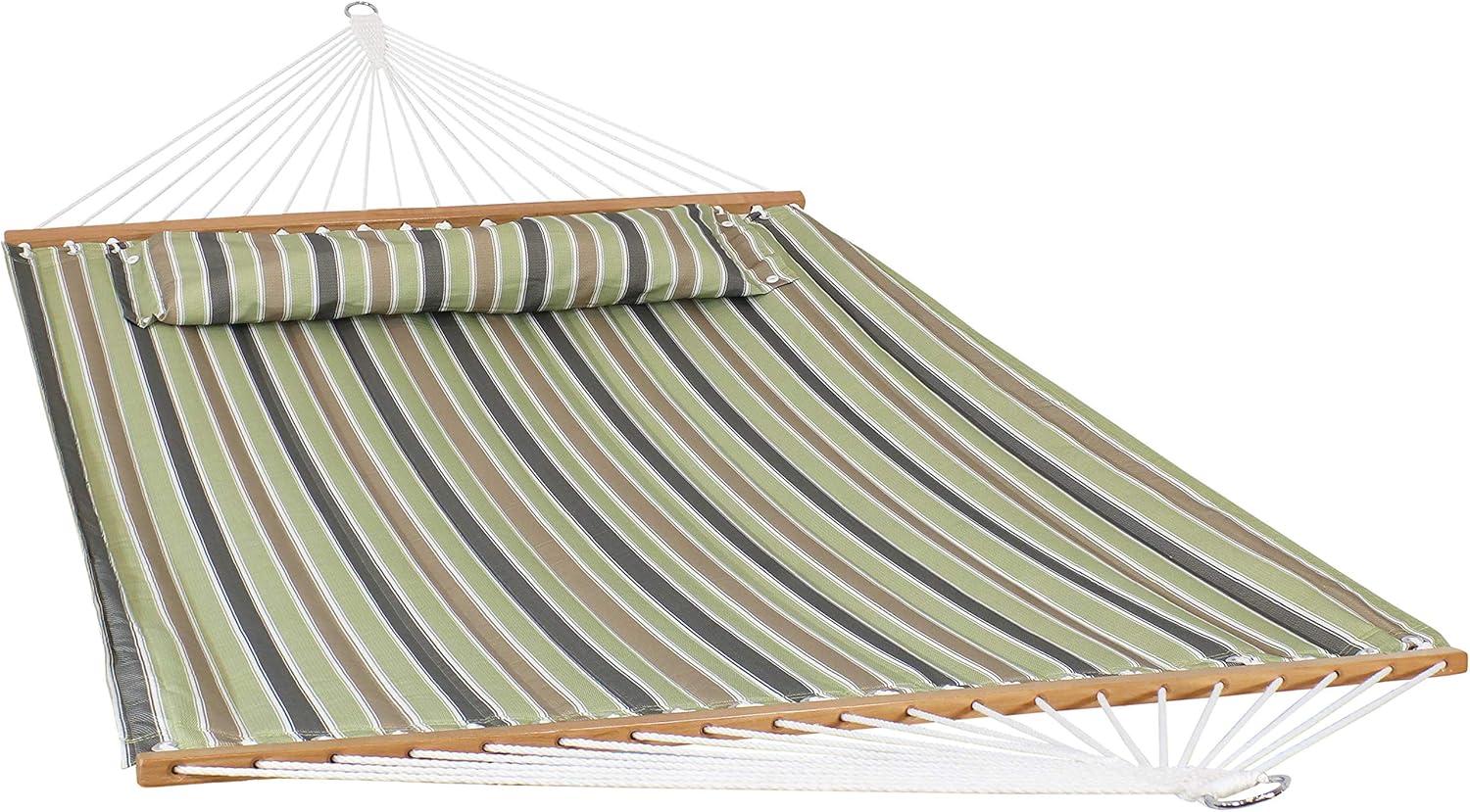 image:imageSunnydaze Quilted Outdoor Hammock with Spreader Bars HeavyDuty 450Pound Capacity Double Hammock for Outside Awning StripeKhaki Stripe