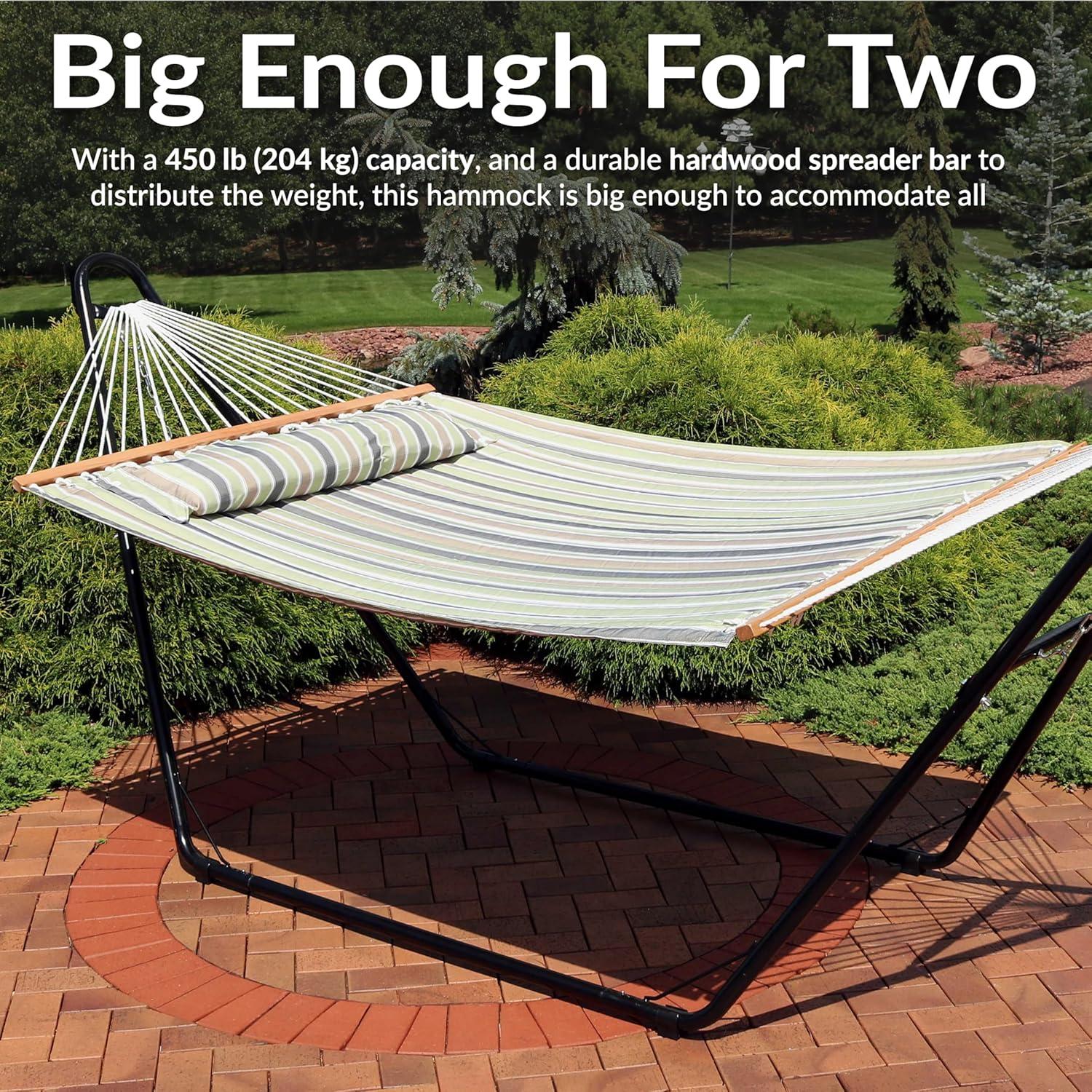 image:imageSunnydaze Quilted Outdoor Hammock with Spreader Bars HeavyDuty 450Pound Capacity Double Hammock for Outside Awning StripeKhaki Stripe