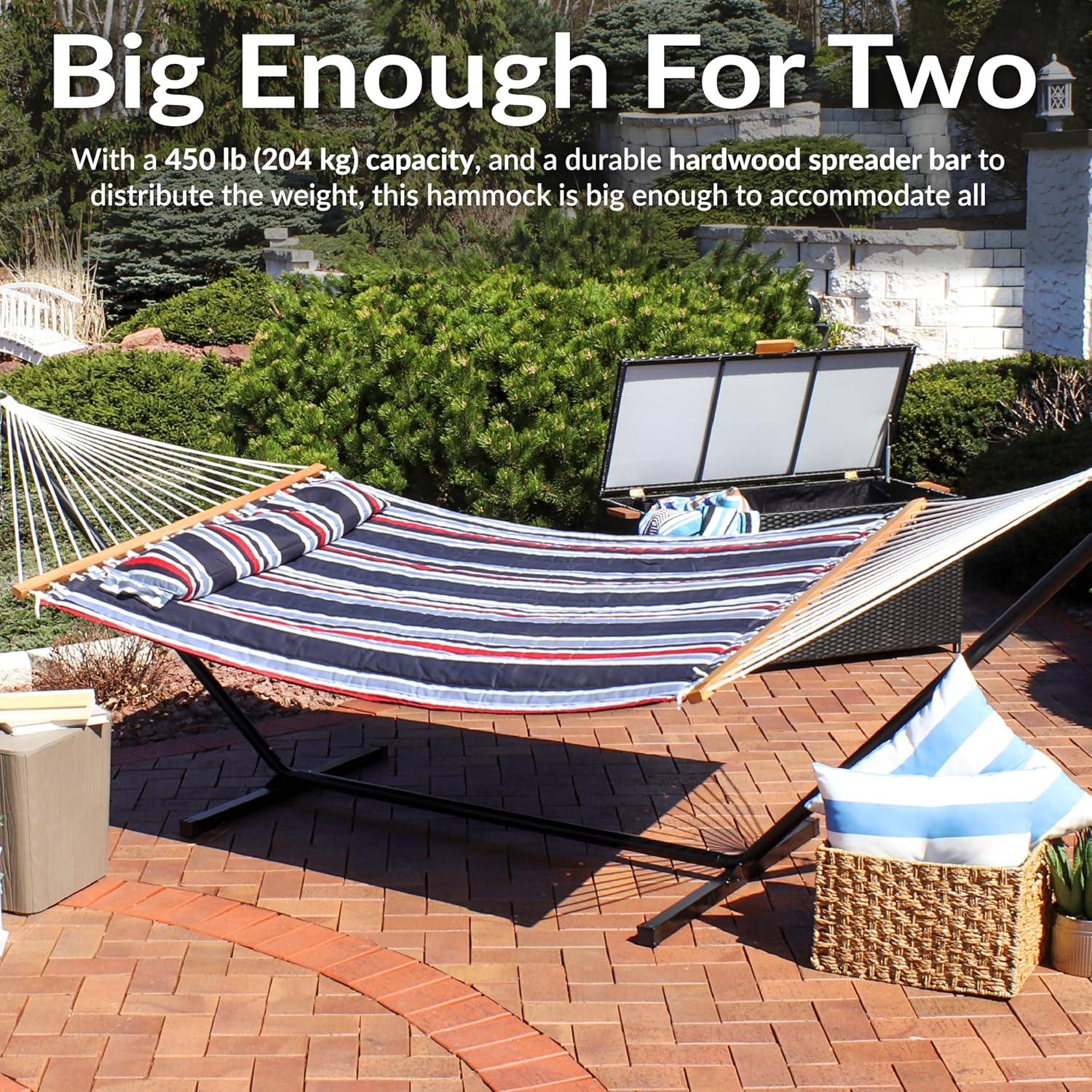 image:imageSunnydaze Quilted Outdoor Hammock with Spreader Bars HeavyDuty 450Pound Capacity Double Hammock for Outside Awning StripeNautical Stripe