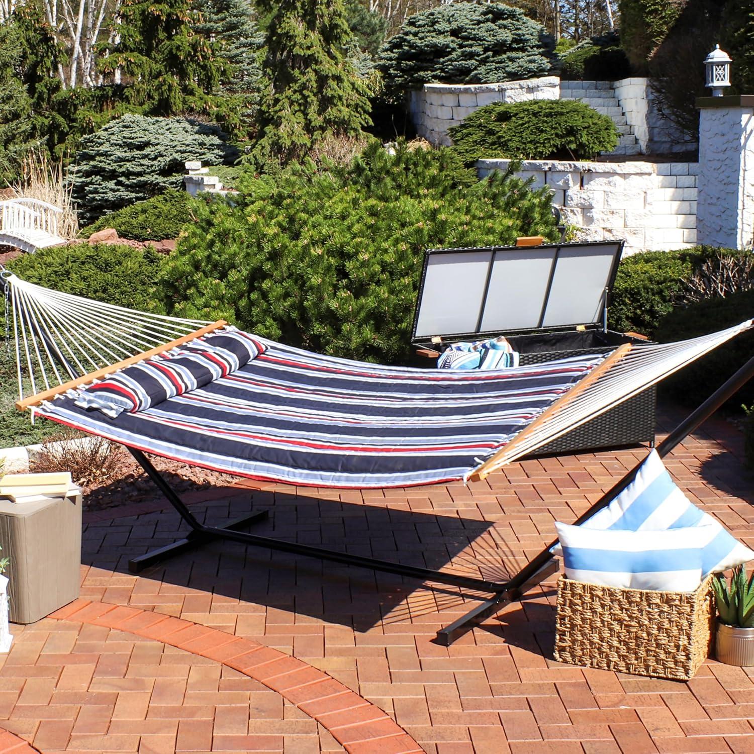 image:imageSunnydaze Quilted Outdoor Hammock with Spreader Bars HeavyDuty 450Pound Capacity Double Hammock for Outside Awning StripeNautical Stripe
