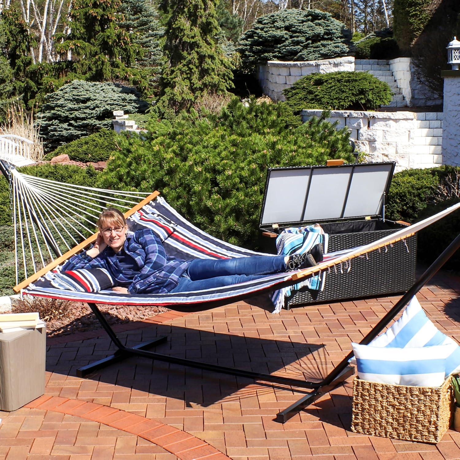 image:imageSunnydaze Quilted Outdoor Hammock with Spreader Bars HeavyDuty 450Pound Capacity Double Hammock for Outside Awning StripeNautical Stripe