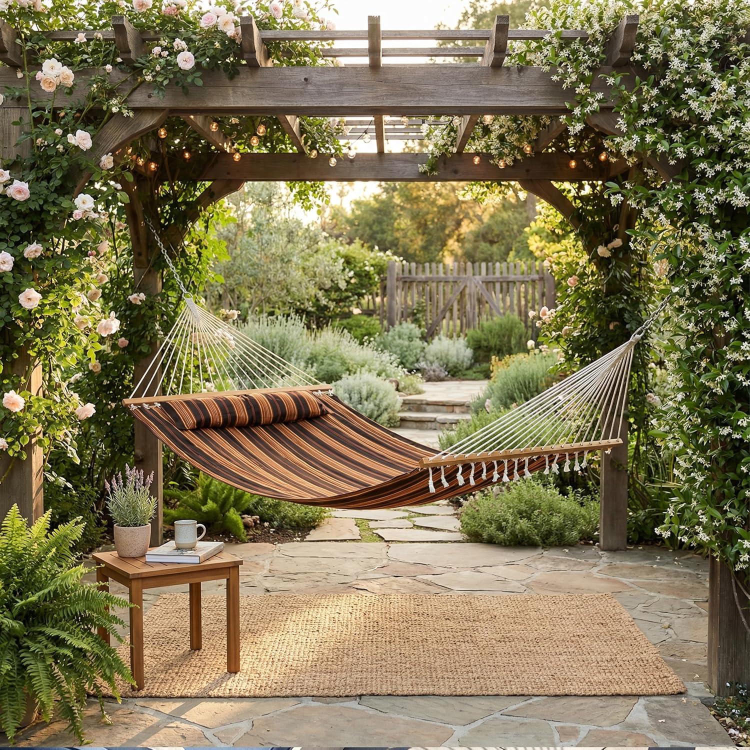 image:imageSunnydaze Quilted Outdoor Hammock with Spreader Bars HeavyDuty 450Pound Capacity Double Hammock for Outside Awning StripeWoodland Stripe