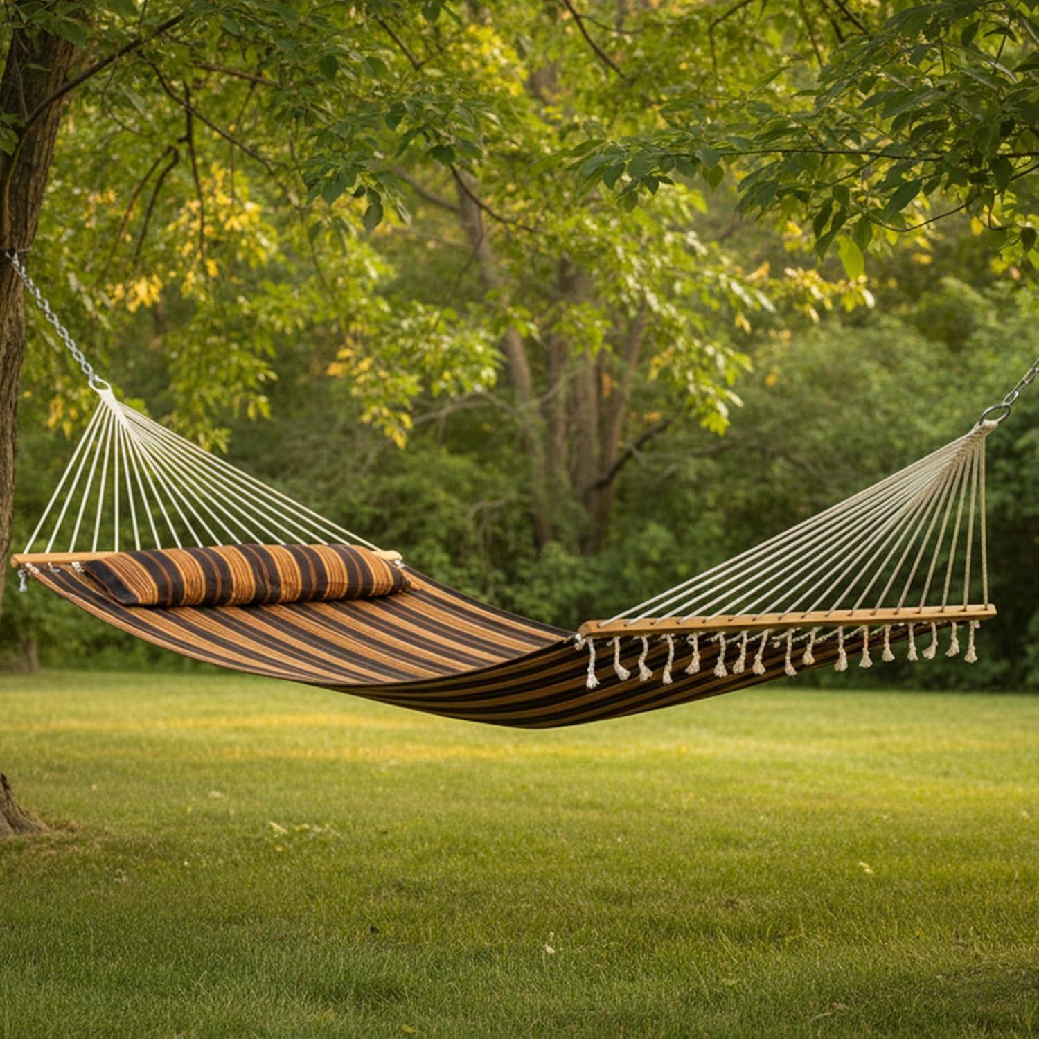 image:imageSunnydaze Quilted Outdoor Hammock with Spreader Bars HeavyDuty 450Pound Capacity Double Hammock for Outside Awning StripeWoodland Stripe