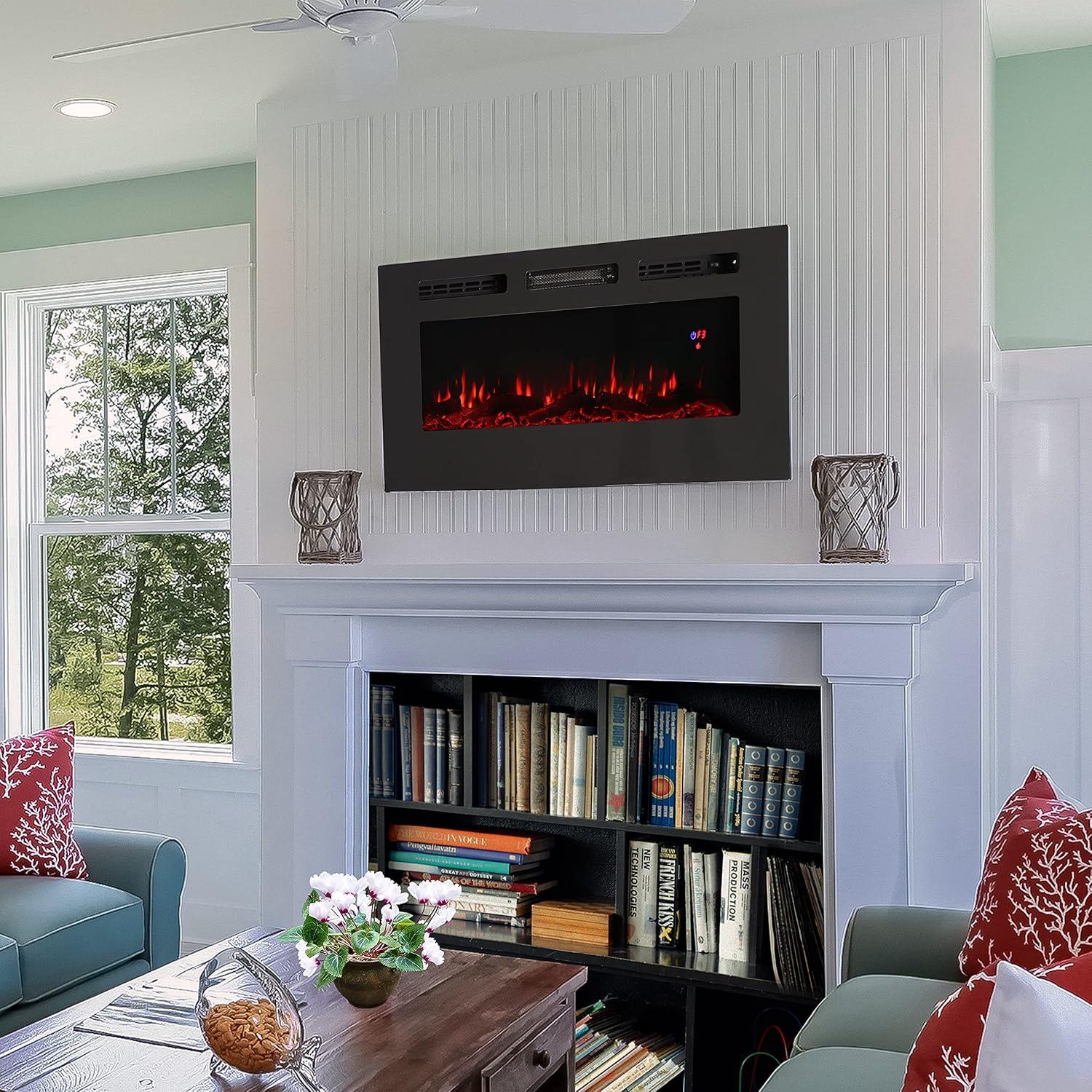 image:imageSunnydaze White Indoor Electric Fireplace Insert WallMounted Electric Fireplace Heater with 3 Flame Colors 50InchBlack