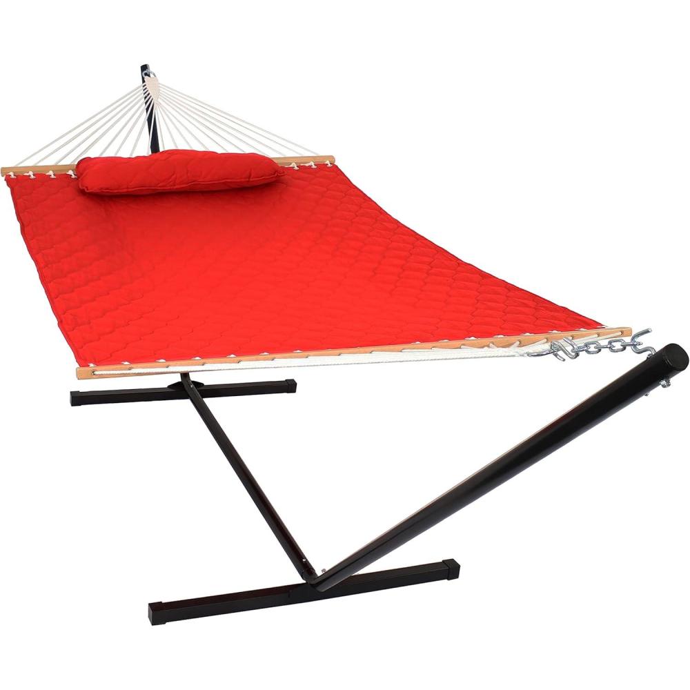 image:imageSunnydaze Quilted Fabric Double Hammock with 12Foot Stand  400Pound Capacity  Black Stand  RedRed