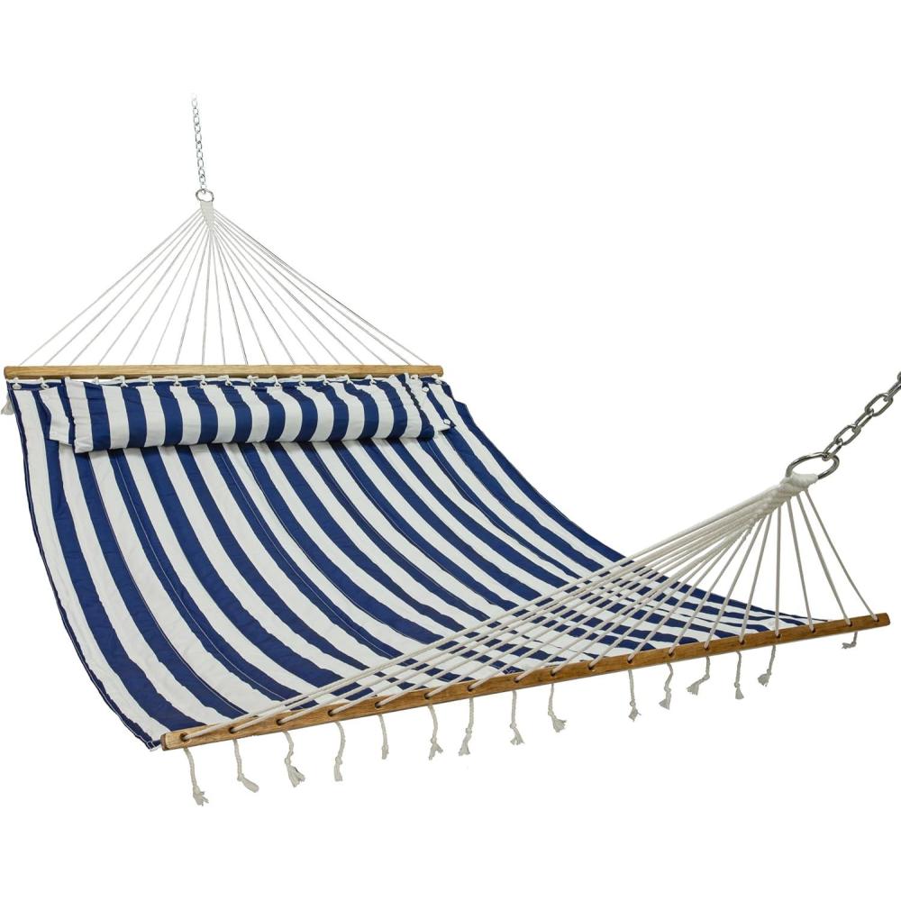 image:imageSunnydaze Quilted Outdoor Hammock with Spreader Bars  HeavyDuty 450Pound Capacity Double Hammock for Outside  Awning StripeBlueWhite Stripe