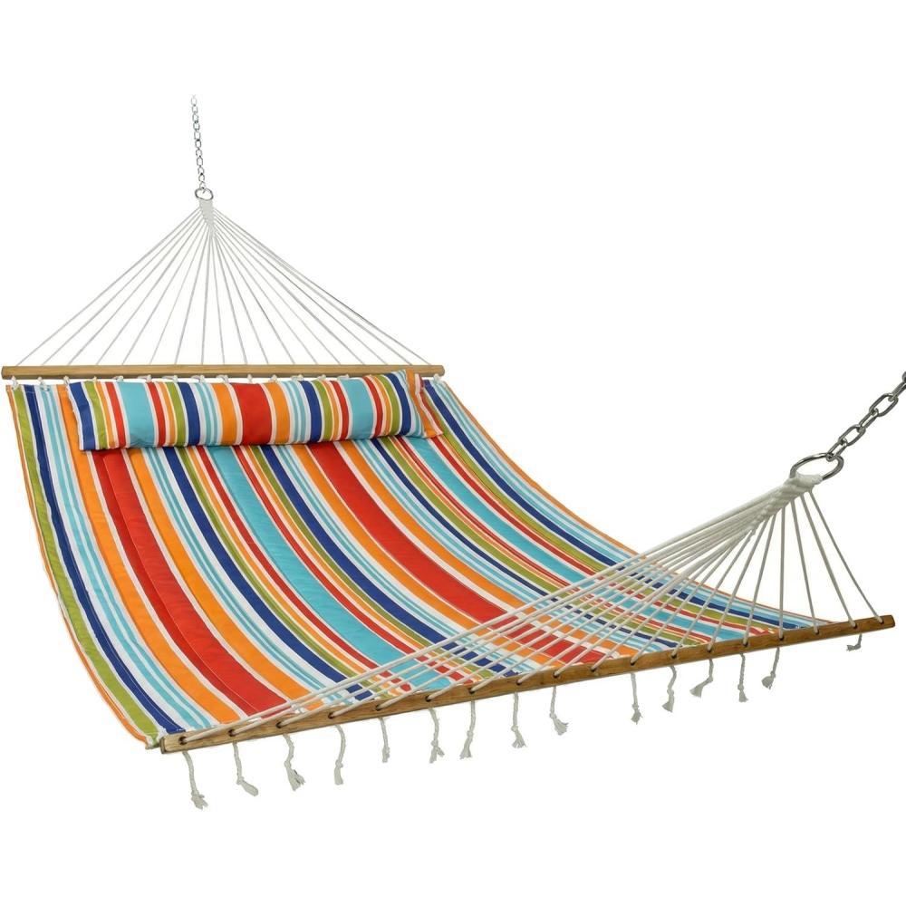 image:imageSunnydaze Quilted Outdoor Hammock with Spreader Bars  HeavyDuty 450Pound Capacity Double Hammock for Outside  Awning StripeCaribbean Stripe