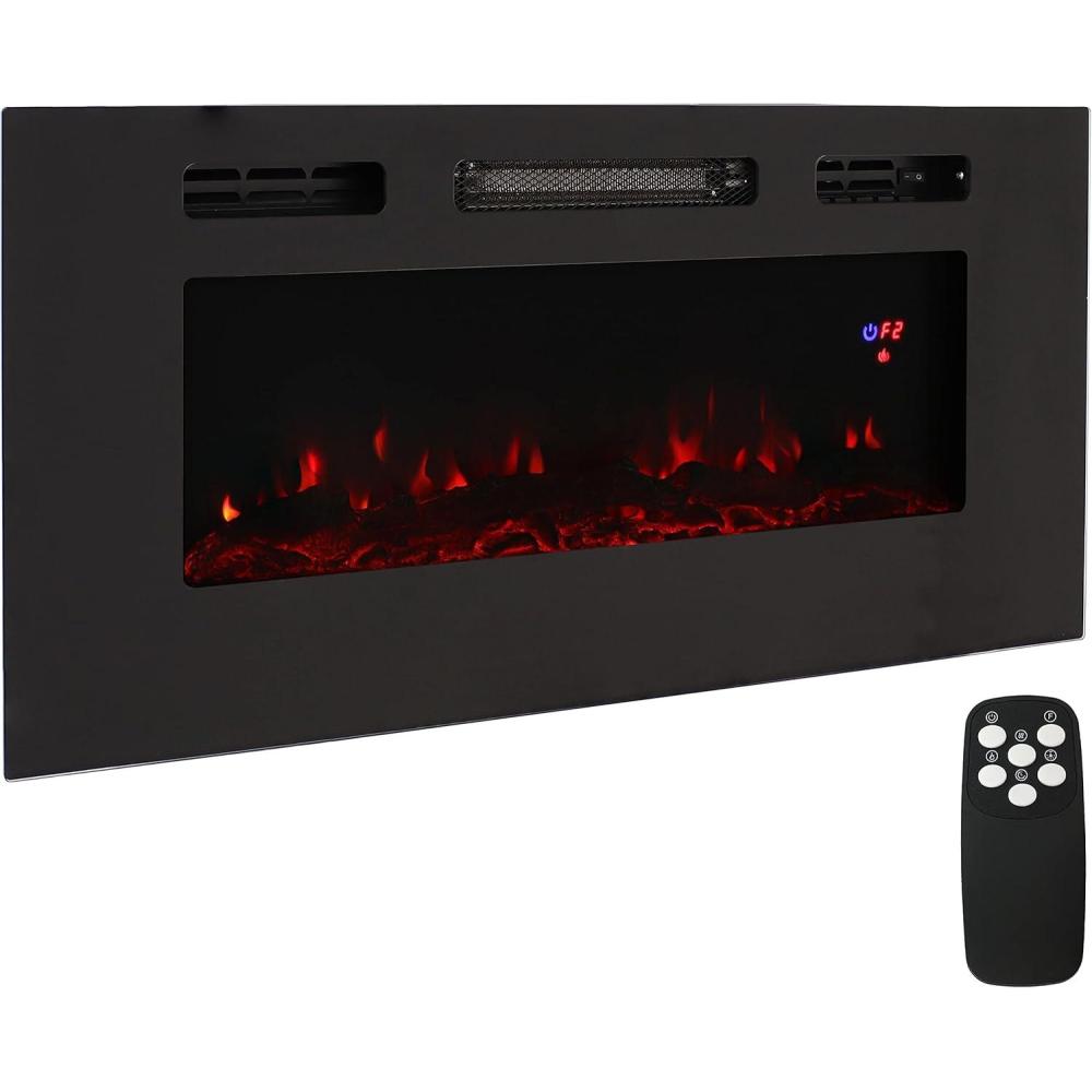 image:imageSunnydaze White Indoor Electric Fireplace Insert WallMounted Electric Fireplace Heater with 3 Flame Colors 50InchBlack