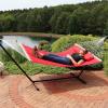 Sunnydaze Quilted Fabric Double Hammock with 12-Foot Stand – 400-Pound Capacity – Black Stand – Red(Red)