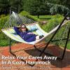 Sunnydaze Quilted Outdoor Hammock with Spreader Bars – Heavy-Duty 450-Pound Capacity Double Hammock for Outside – Awning Stripe(Blue and Green)