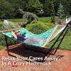 Sunnydaze Quilted Outdoor Hammock with Spreader Bars – Heavy-Duty 450-Pound Capacity Double Hammock for Outside – Awning Stripe(Green Palm Leaves)