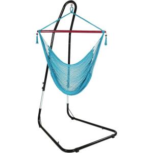 Sunnydaze Caribbean-Style Hanging Rope Hammock Chair Swing with Adjustable Stand – 300-Pound Capacity – Sky Blue(Sky Blue)