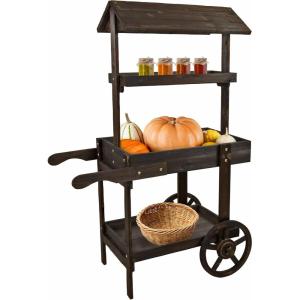 Sunnydaze Country Market Flower Cart Display Stand with Wheels – 2 Shelves – Fir Wood – 30 lb Weight Capacity – Natural Fir(Charred Fir)