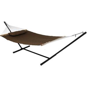 Sunnydaze Quilted Fabric Double Hammock with 12-Foot Stand – 400-Pound Capacity – Black Stand – Red(Brown)