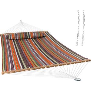 Sunnydaze Quilted Outdoor Hammock with Spreader Bars – Heavy-Duty 450-Pound Capacity Double Hammock for Outside – Awning Stripe(Canyon Sunset)