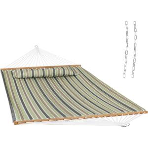 Sunnydaze Quilted Outdoor Hammock with Spreader Bars – Heavy-Duty 450-Pound Capacity Double Hammock for Outside – Awning Stripe(Khaki Stripe)
