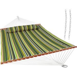Sunnydaze Quilted Outdoor Hammock with Spreader Bars – Heavy-Duty 450-Pound Capacity Double Hammock for Outside – Awning Stripe(Melon Stripe)