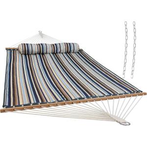 Sunnydaze Quilted Outdoor Hammock with Spreader Bars – Heavy-Duty 450-Pound Capacity Double Hammock for Outside – Awning Stripe(Ocean Isle)